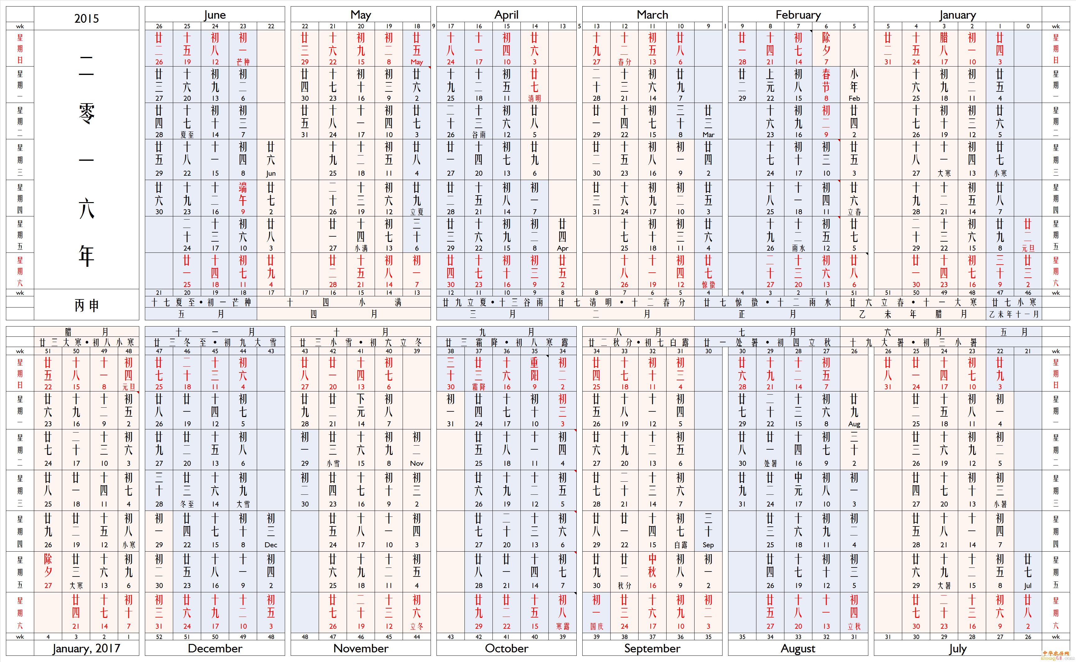 2016农历主显混合年历(元旦-除夕) [中华农历论坛]